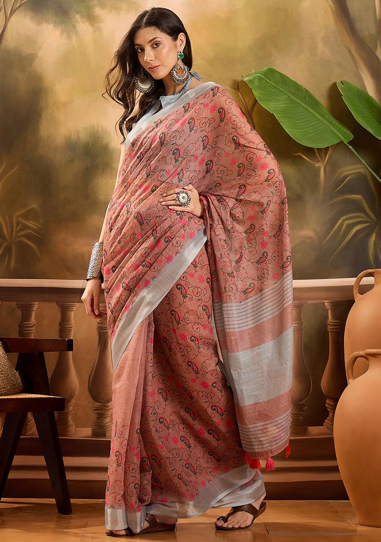 Brown Printed Linen Saree Set