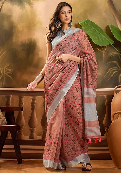 Brown Printed Linen Saree Set