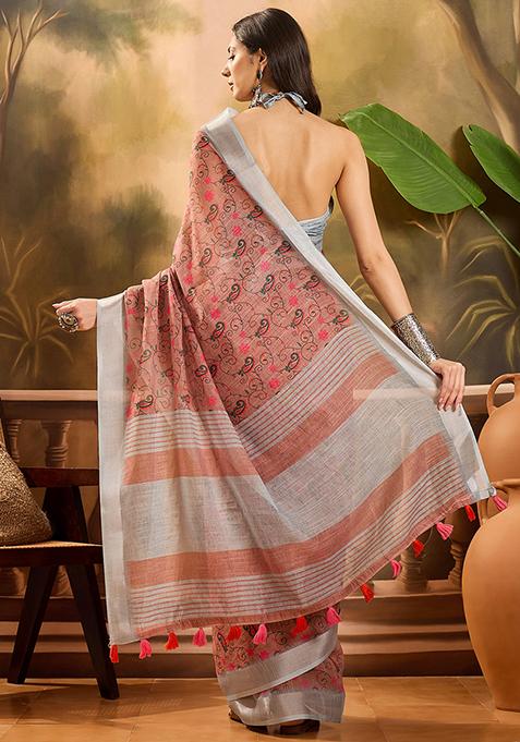 Brown Printed Linen Saree Set