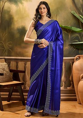 Blue Beads  And  Stones Satin Saree Set