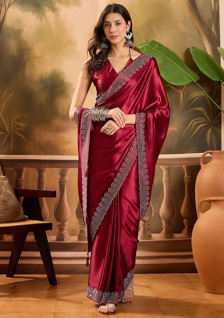 Maroon Beads And Stone Satin Saree Set
