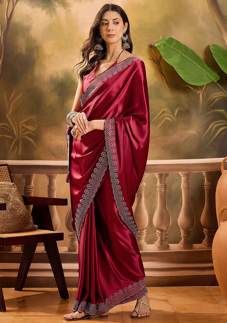 Maroon Beads  And  Stone Satin Saree Set