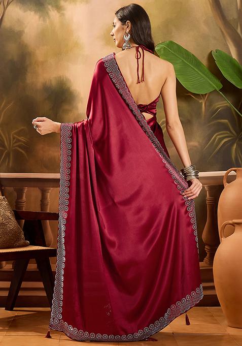 Maroon Beads And Stone Satin Saree Set