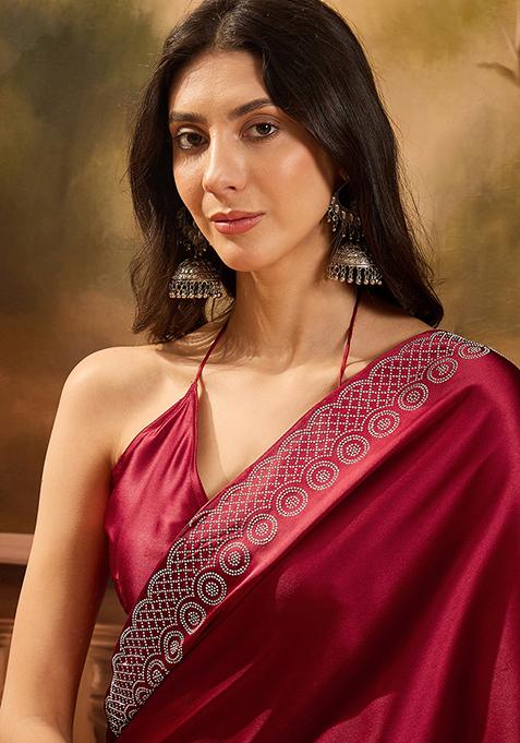 Maroon Beads And Stone Satin Saree Set