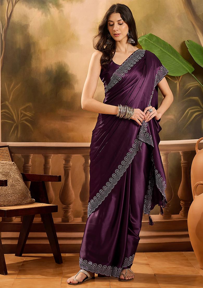 Wine Beads And Stone Satin Saree Set
