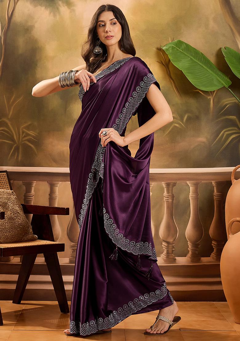 Wine Beads  And  Stone Satin Saree Set
