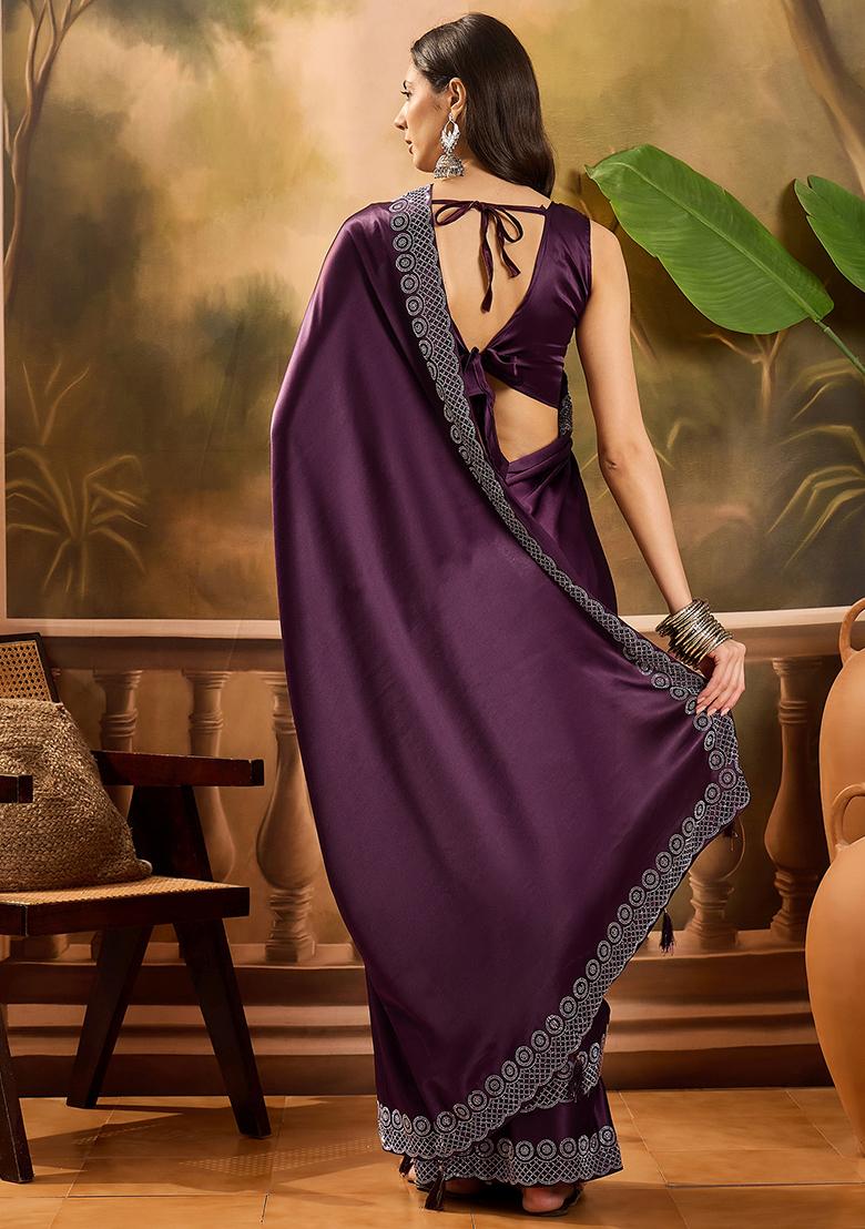 Wine Beads And Stone Satin Saree Set