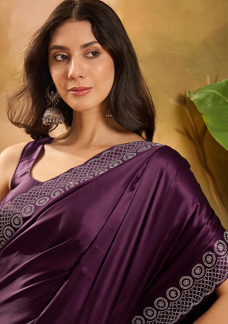 Wine Beads  And  Stone Satin Saree Set