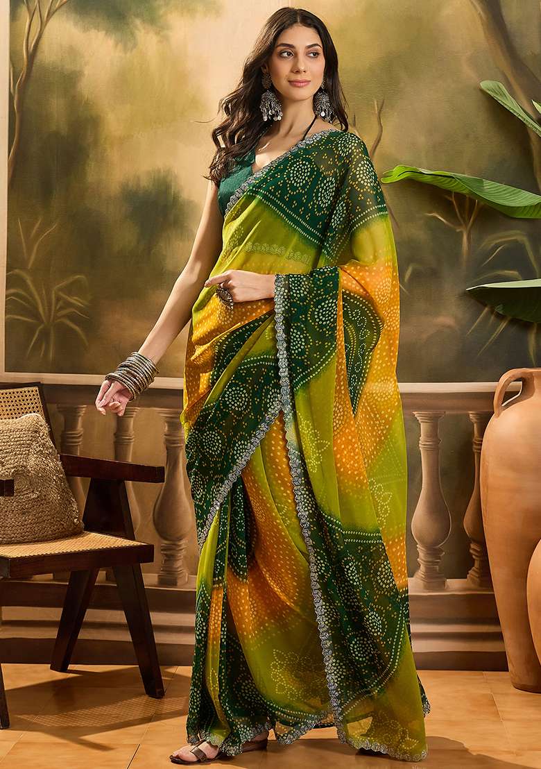 Multi Bandhani Georgette Saree Set - Indya
