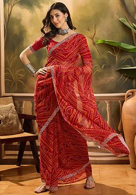 Red Bandhani Georgette Saree Set