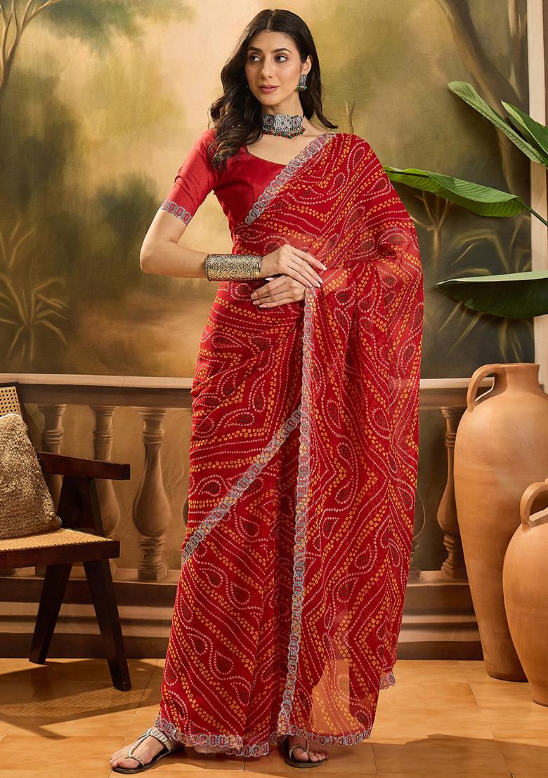 Red Bandhani Georgette Saree Set