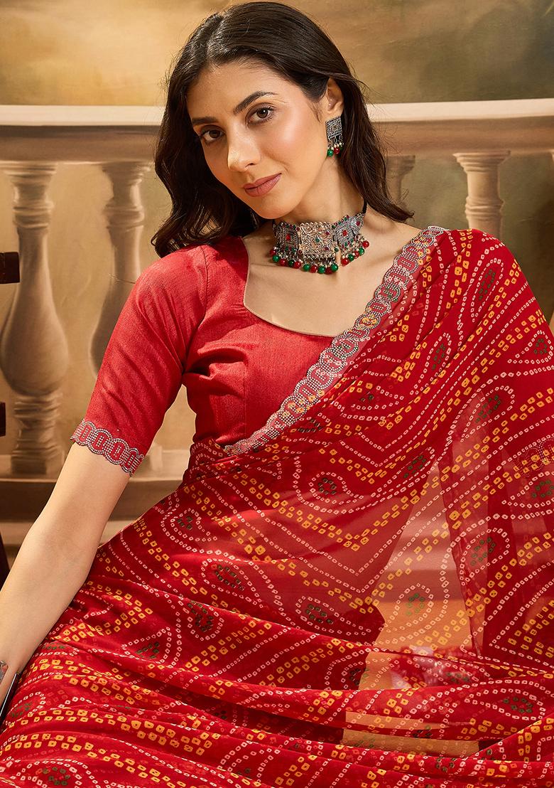 Red Bandhani Georgette Saree Set