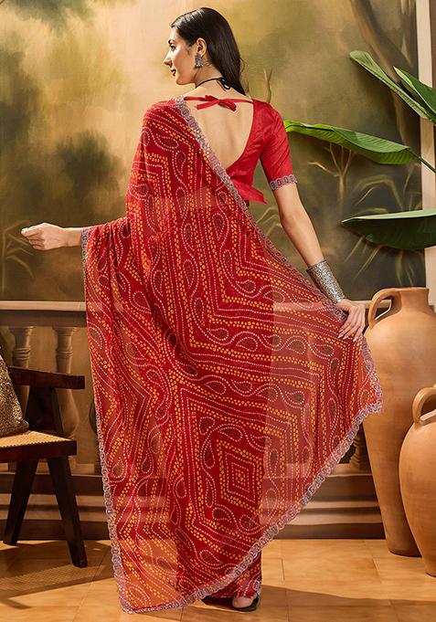Red Bandhani Georgette Saree Set