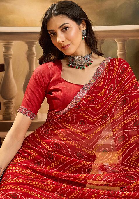 Red Bandhani Georgette Saree Set