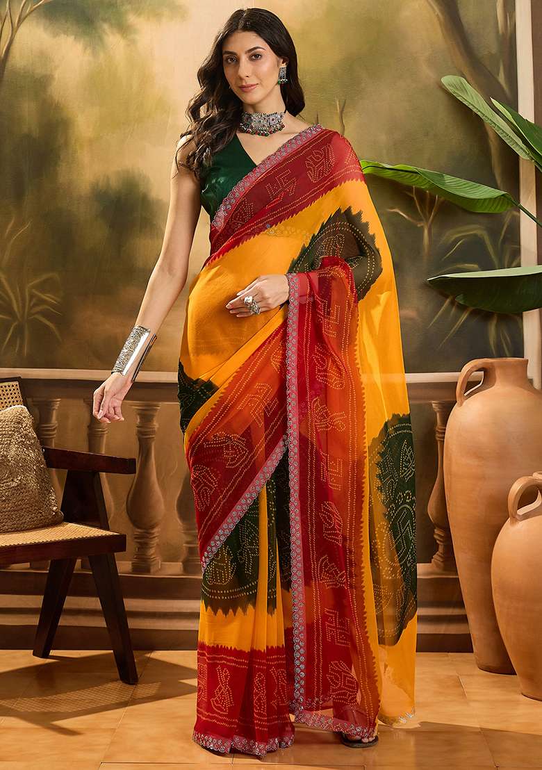 Multi Bandhani Georgette Saree Set - Indya