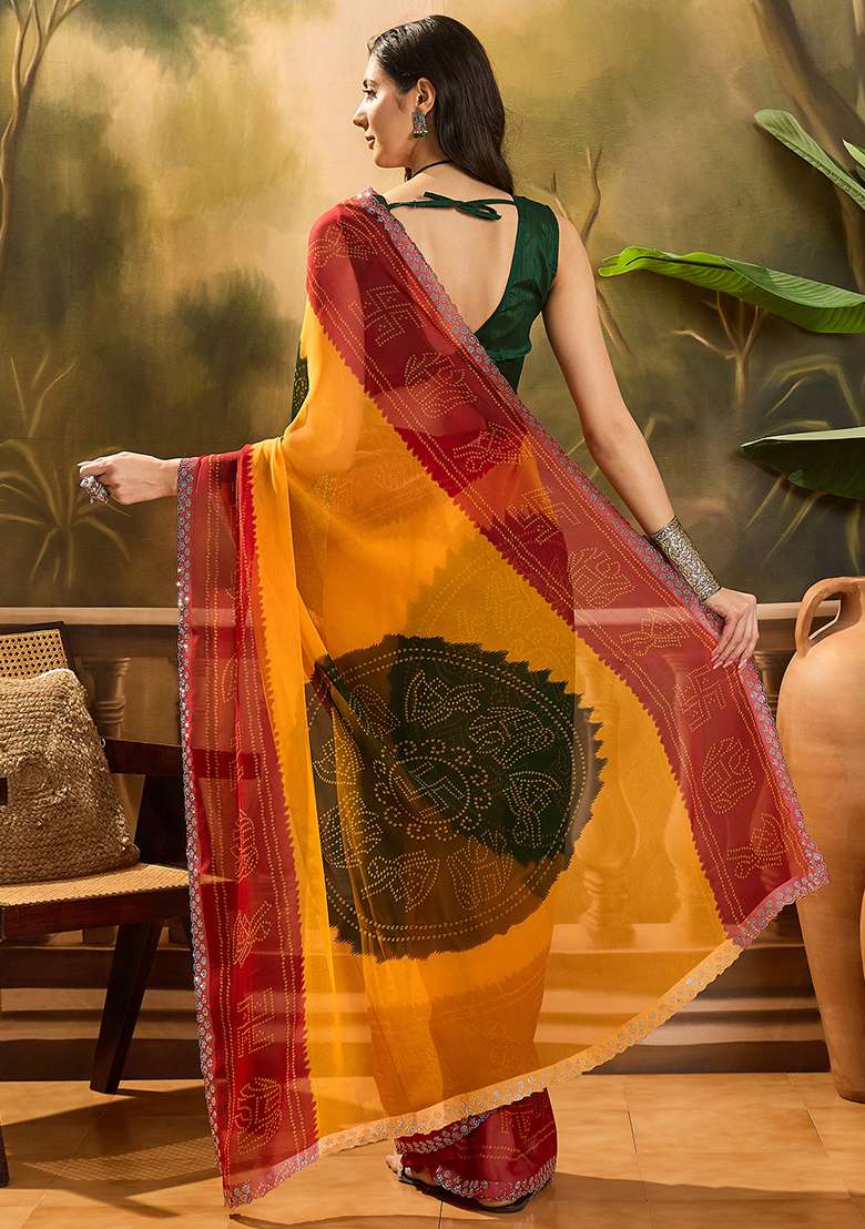Multi Bandhani Georgette Saree Set - Indya