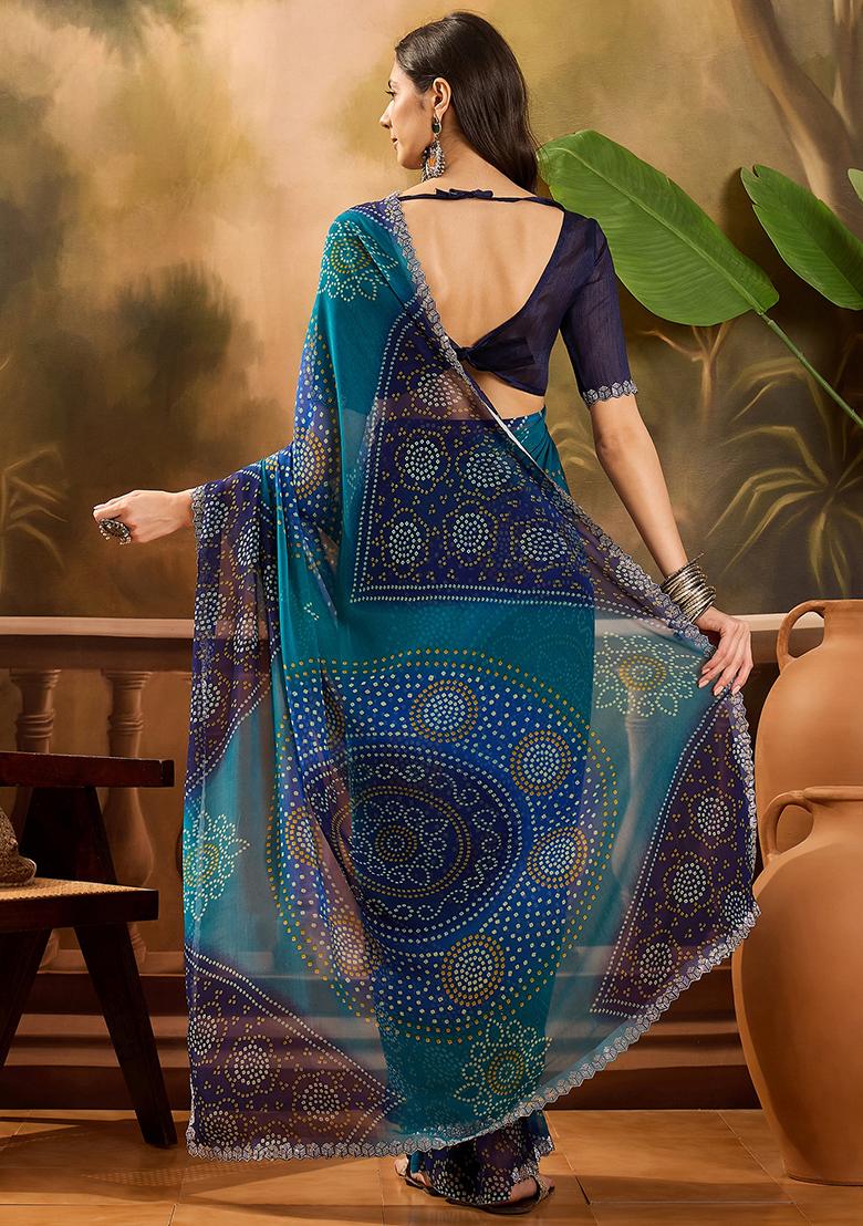 Blue Bandhani Georgette Saree Set