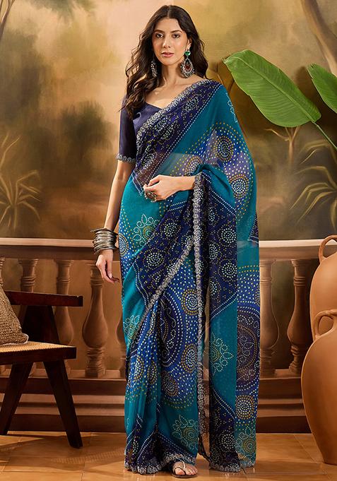 Blue Bandhani Georgette Saree Set