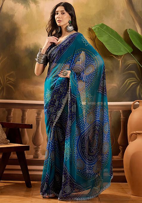 Blue Bandhani Georgette Saree Set