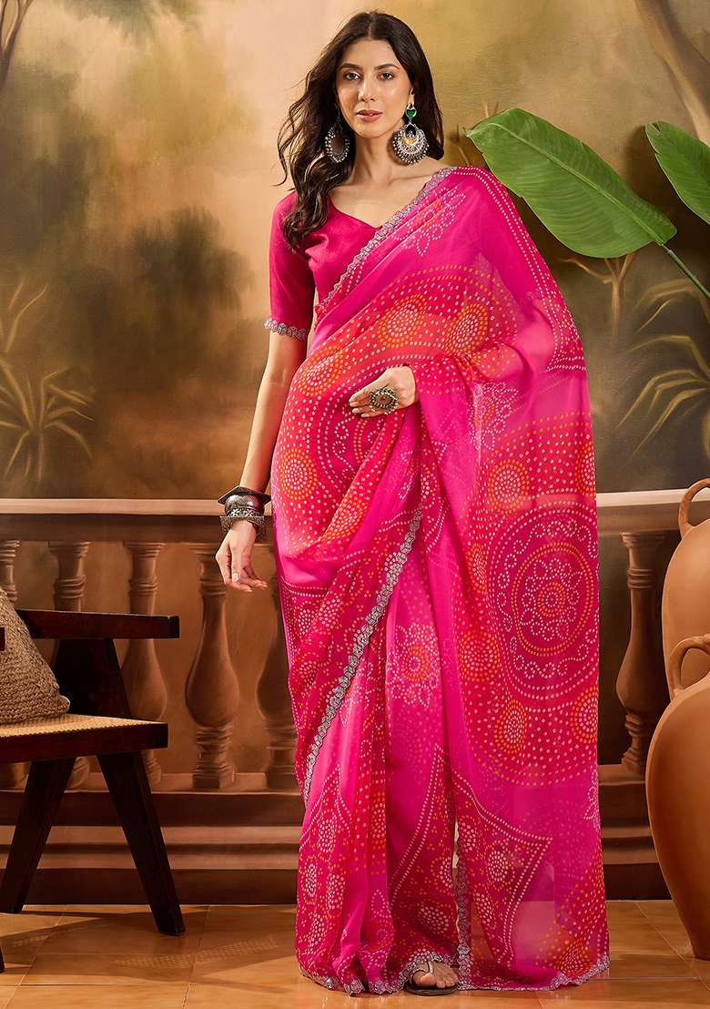Pink Bandhani Georgette Saree Set - Indya