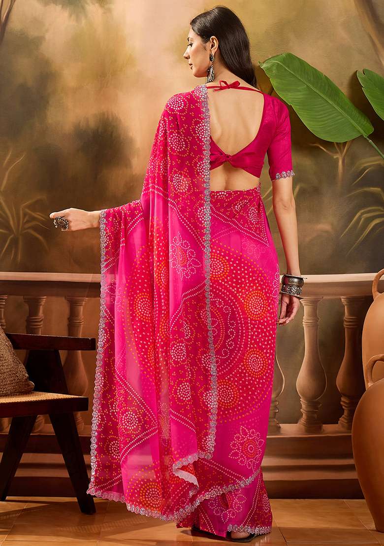 Pink Bandhani Georgette Saree Set - Indya