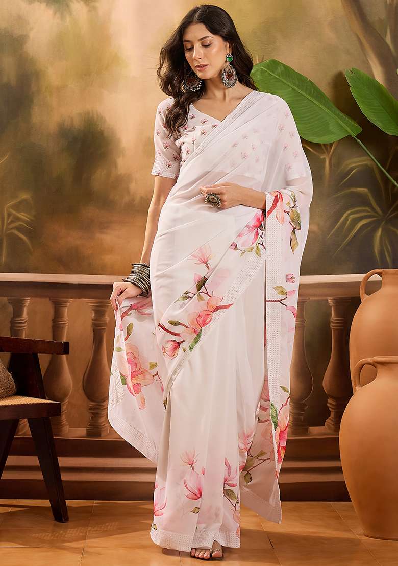 White Printed Georgette Saree Set - Indya