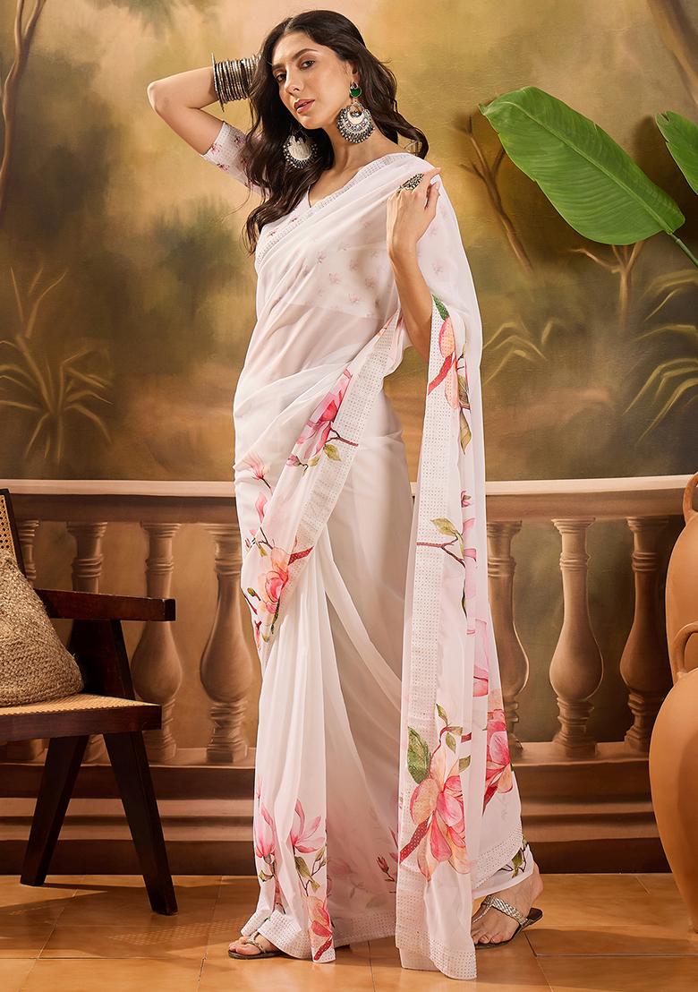 White Printed Georgette Saree Set