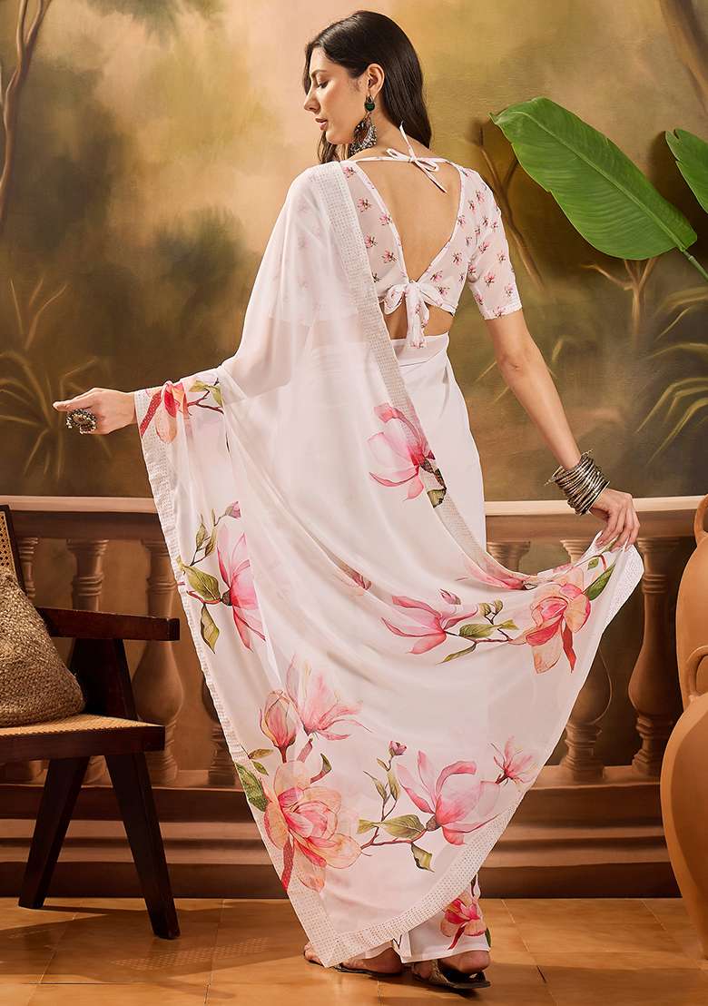White Printed Georgette Saree Set - Indya