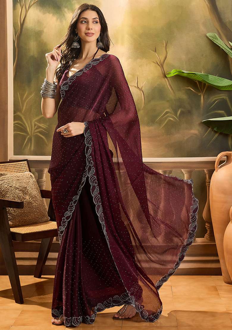 Coffee Brown Beads And Stones Silk Blend Chiffon Saree Set - Indya