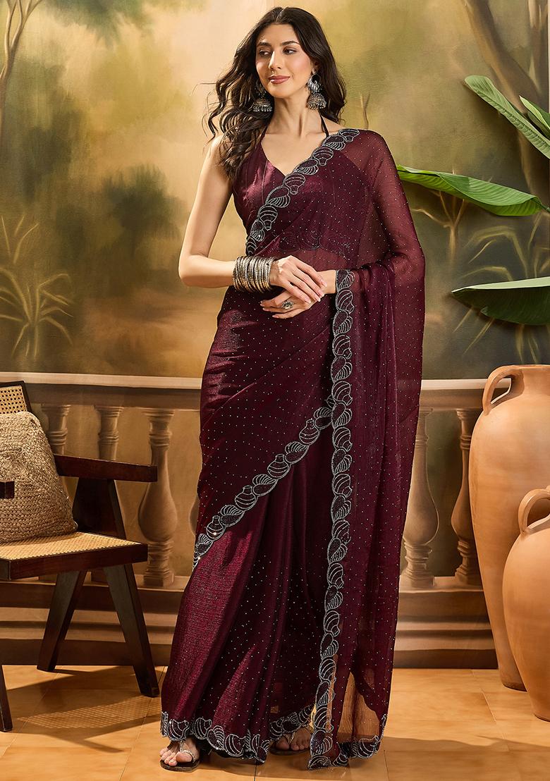 Coffee Brown Beads  And  Stones Silk Chiffon Saree Set