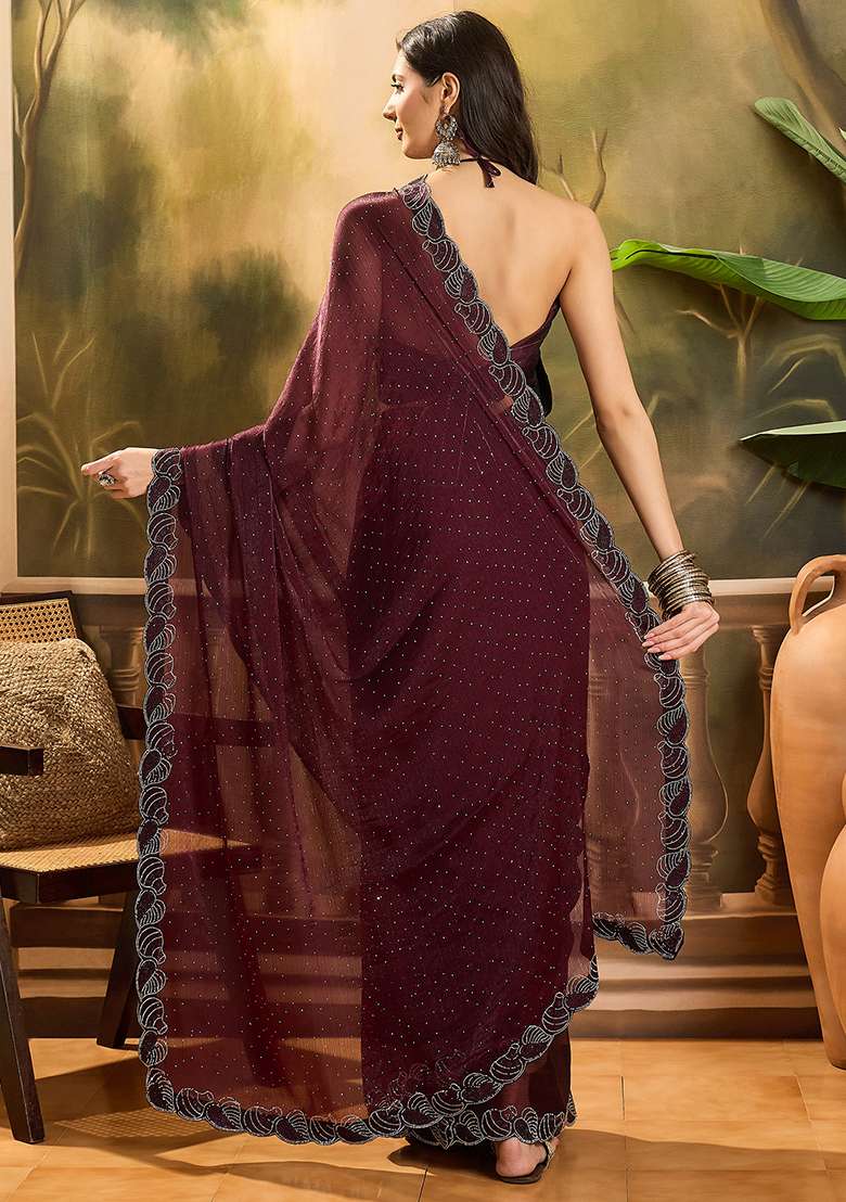 Coffee Brown Beads And Stones Silk Blend Chiffon Saree Set - Indya