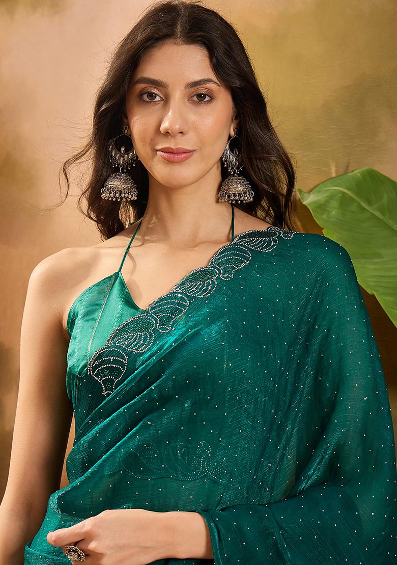 Rama Green Beads  And  Stone Silk Chiffon Saree Set