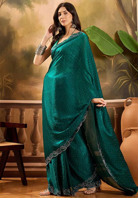 Rama Green Beads And Stone Silk Chiffon Saree Set