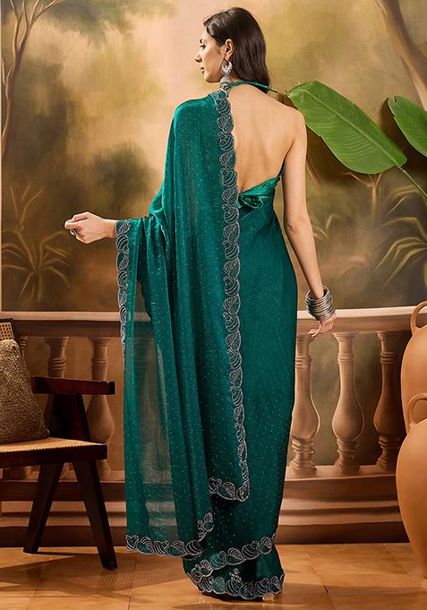 Rama Green Beads And Stone Silk Chiffon Saree Set