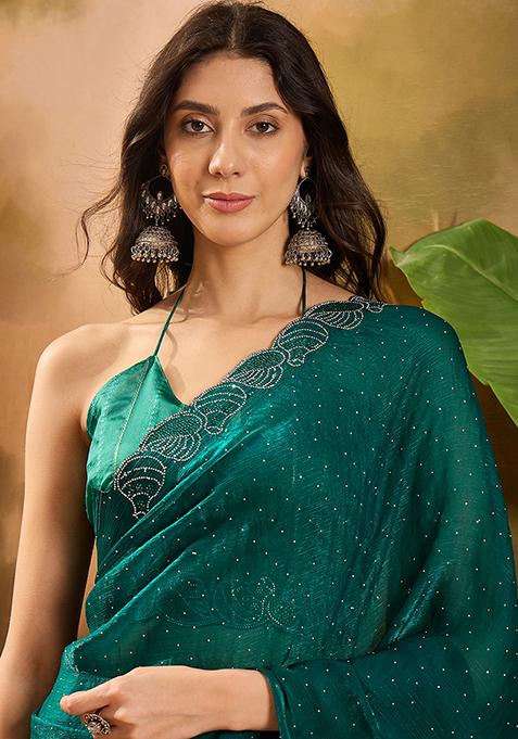 Rama Green Beads And Stone Silk Chiffon Saree Set