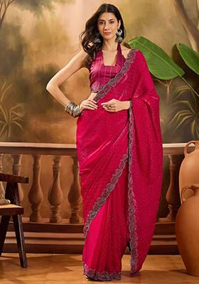Rani Pink Beads  And  Stone Silk Chiffon Saree Set