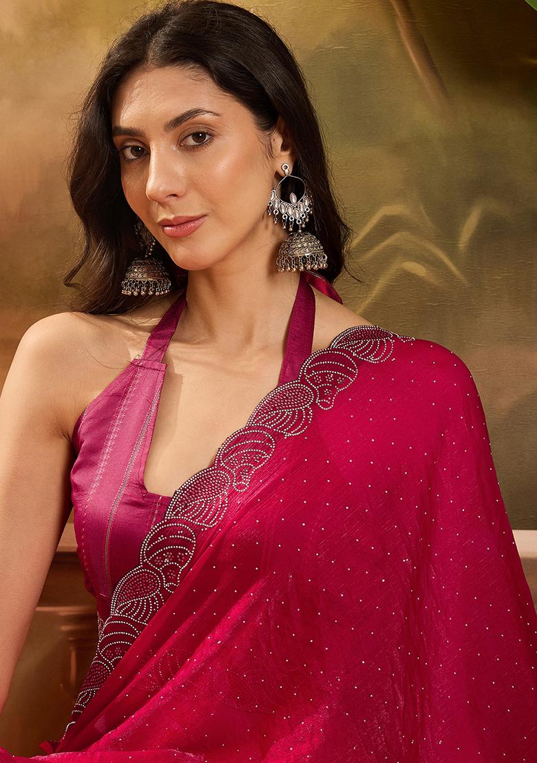 Rani Pink Beads  And  Stone Silk Chiffon Saree Set