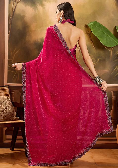 Rani Pink Beads And Stone Silk Chiffon Saree Set