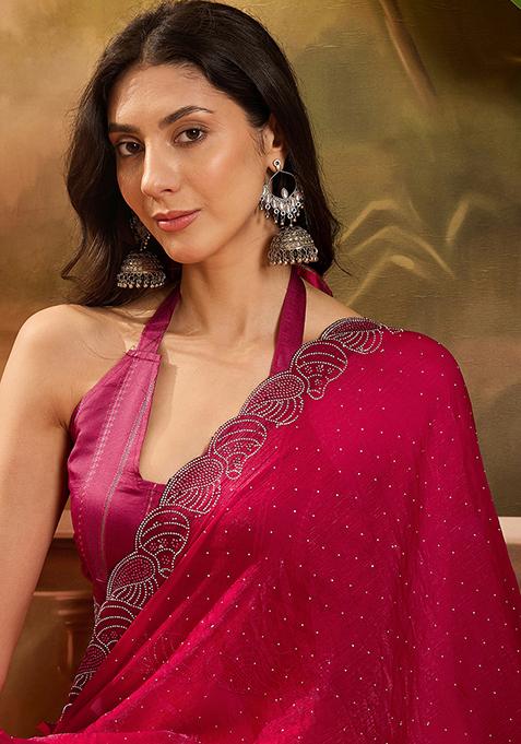 Rani Pink Beads And Stone Silk Chiffon Saree Set