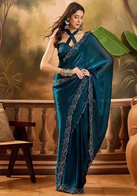 Teal Blue  Beads  And  Stone Silk Chiffon Saree Set
