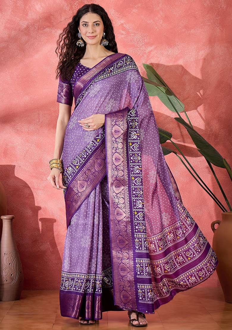 Lavender Bandhani Silk Blend Saree Set - Indya