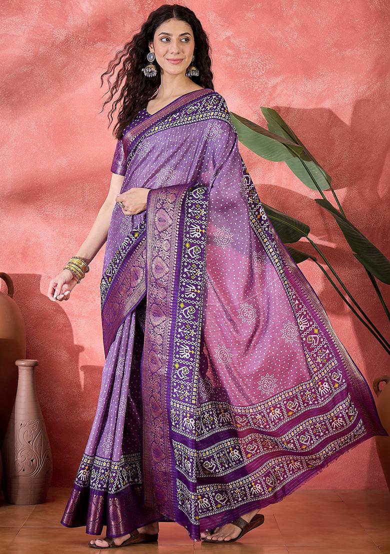 Lavender Bandhani Silk Blend Saree Set