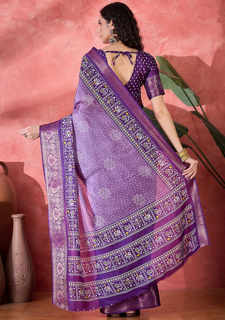 Lavender Bandhani Silk Blend Saree Set - Indya