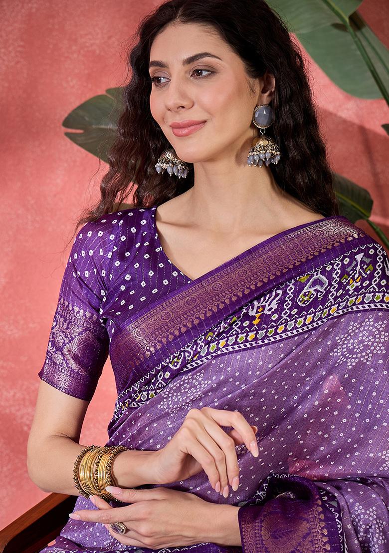 Lavender Bandhani Silk Blend Saree Set