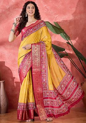 Mustard Yellow Bandhani Silk Blend Saree Set