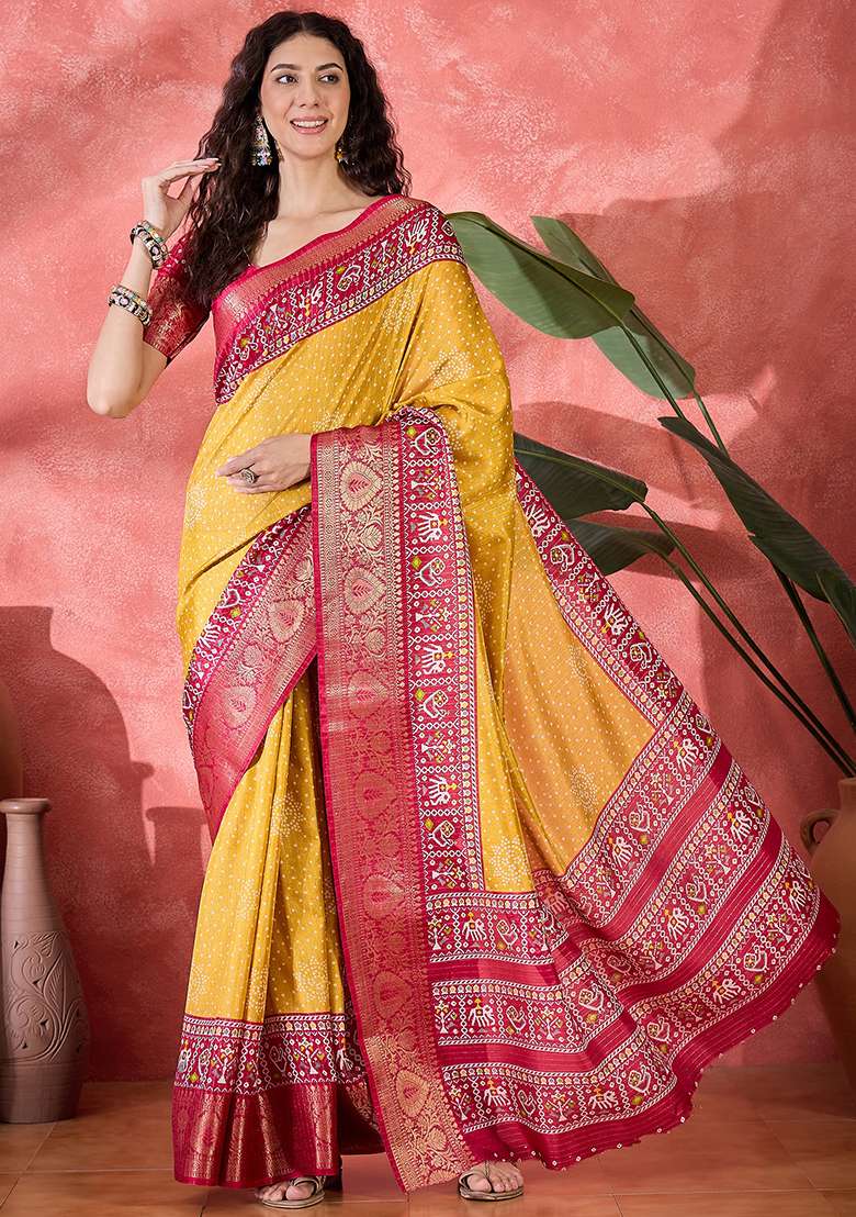 Mustard Yellow Bandhani Silk Blend Saree Set - Indya