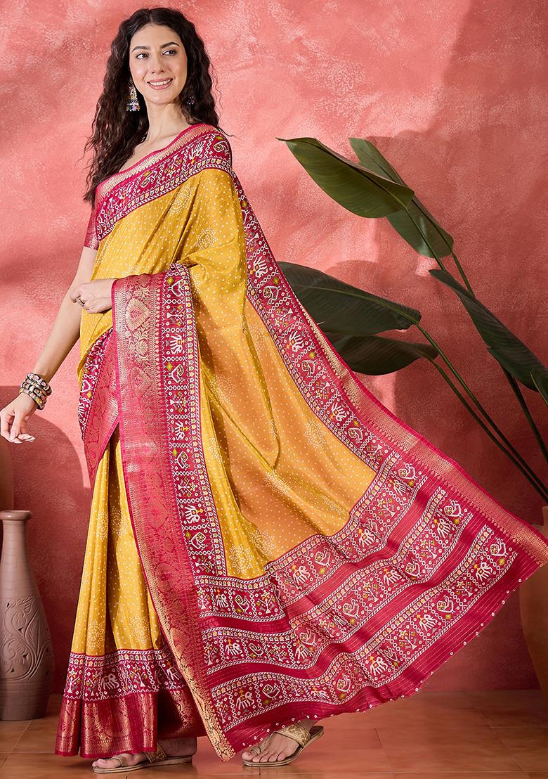 Mustard Yellow Bandhani Silk Blend Saree Set