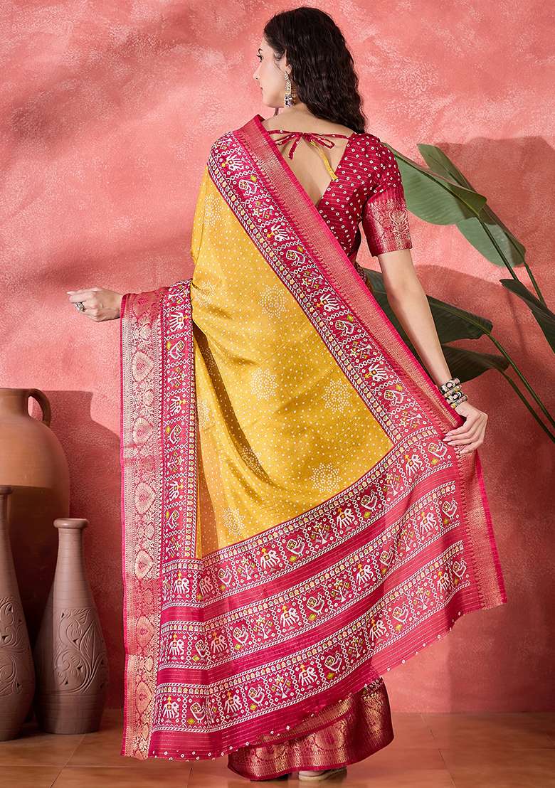 Mustard Yellow Bandhani Silk Blend Saree Set - Indya