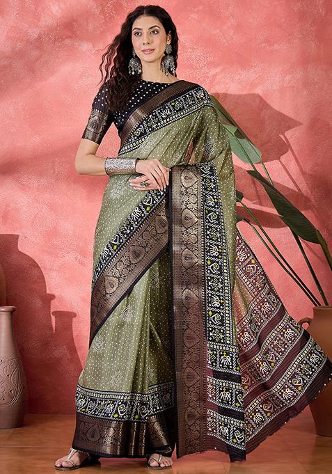 Olive Bandhani Silk Blend Saree Set