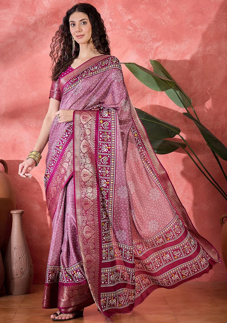 Onion Pink Bandhani Silk Blend Saree Set